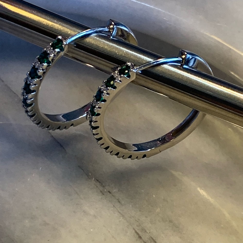 Silver .925 Plated and Green Cubic Zirconia Hoop Earrings - Picture 4 of 6